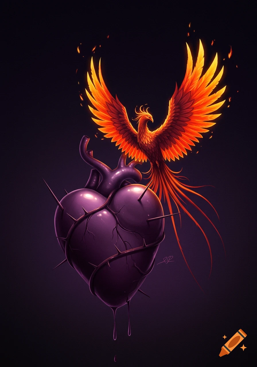 A stylized purple heart wrapped in thorns, with a vibrant fiery phoenix soaring above it on a dark background.
