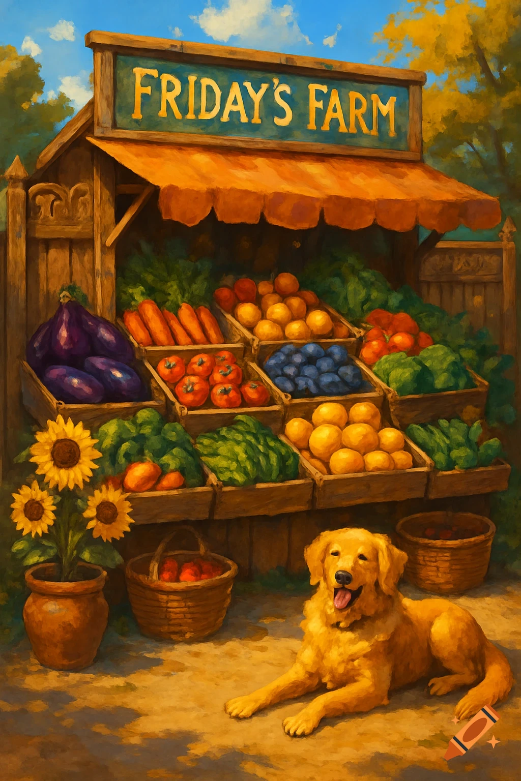 A golden retriever dog lies in front of a colorful fruit and vegetable farm stand with a sign reading 'Friday's Farm' and sunflowers in a pot.