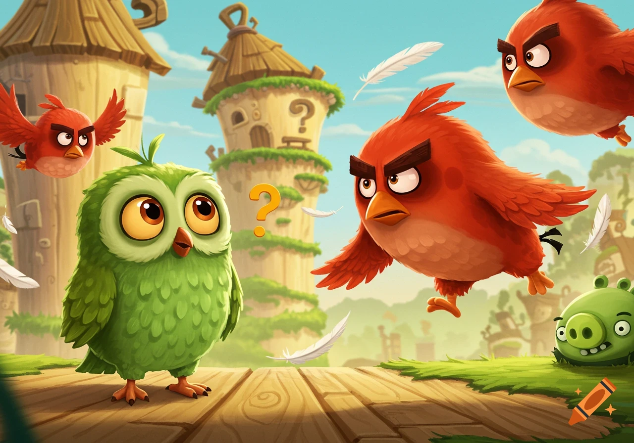 A large, cute green owl with big eyes and a confused expression stands on a wooden platform, looking at two angry red birds flying towards it. In the background are tall, whimsical towers and a green pig hiding in the grass.