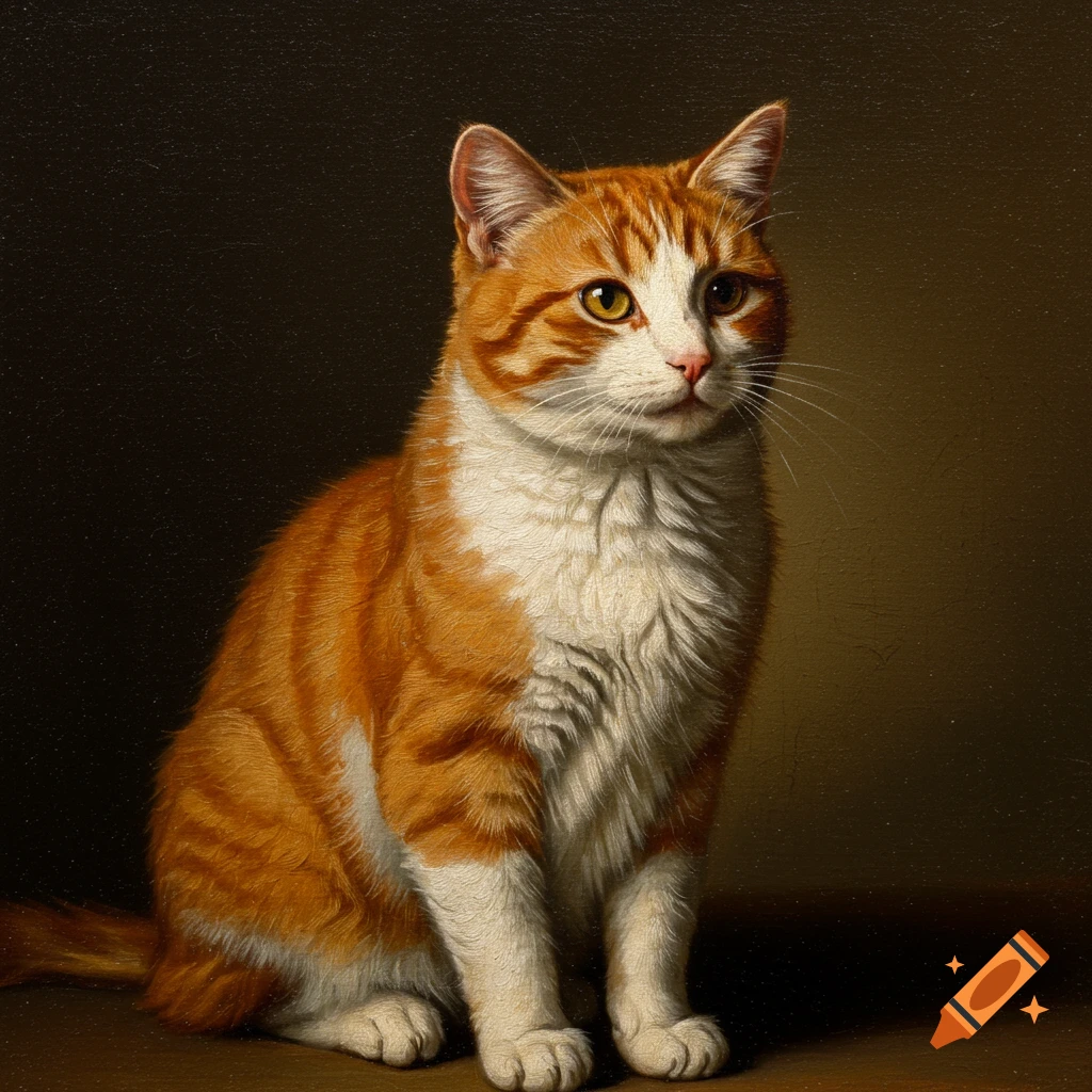 An 18th-century oil painting of an orange and white cat sitting, with a dark background and visible brushstrokes.