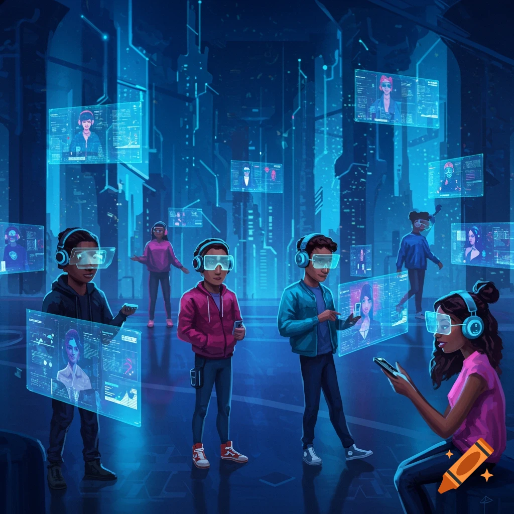 People wearing VR headsets interact with holographic screens in a futuristic, digital city environment, rendered in an illustrative style.
