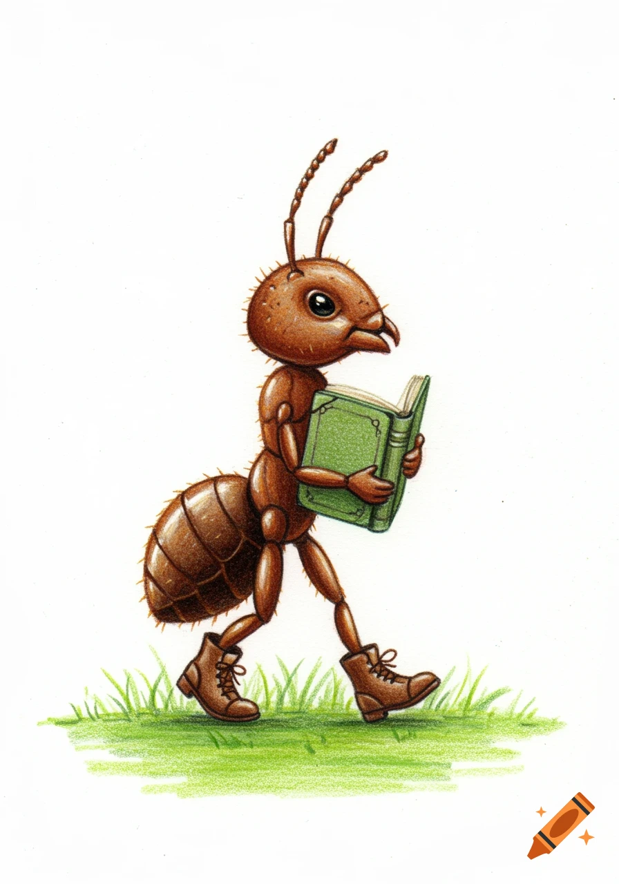 A colored pencil drawing of a brown ant in boots walking on green grass and reading a green book.