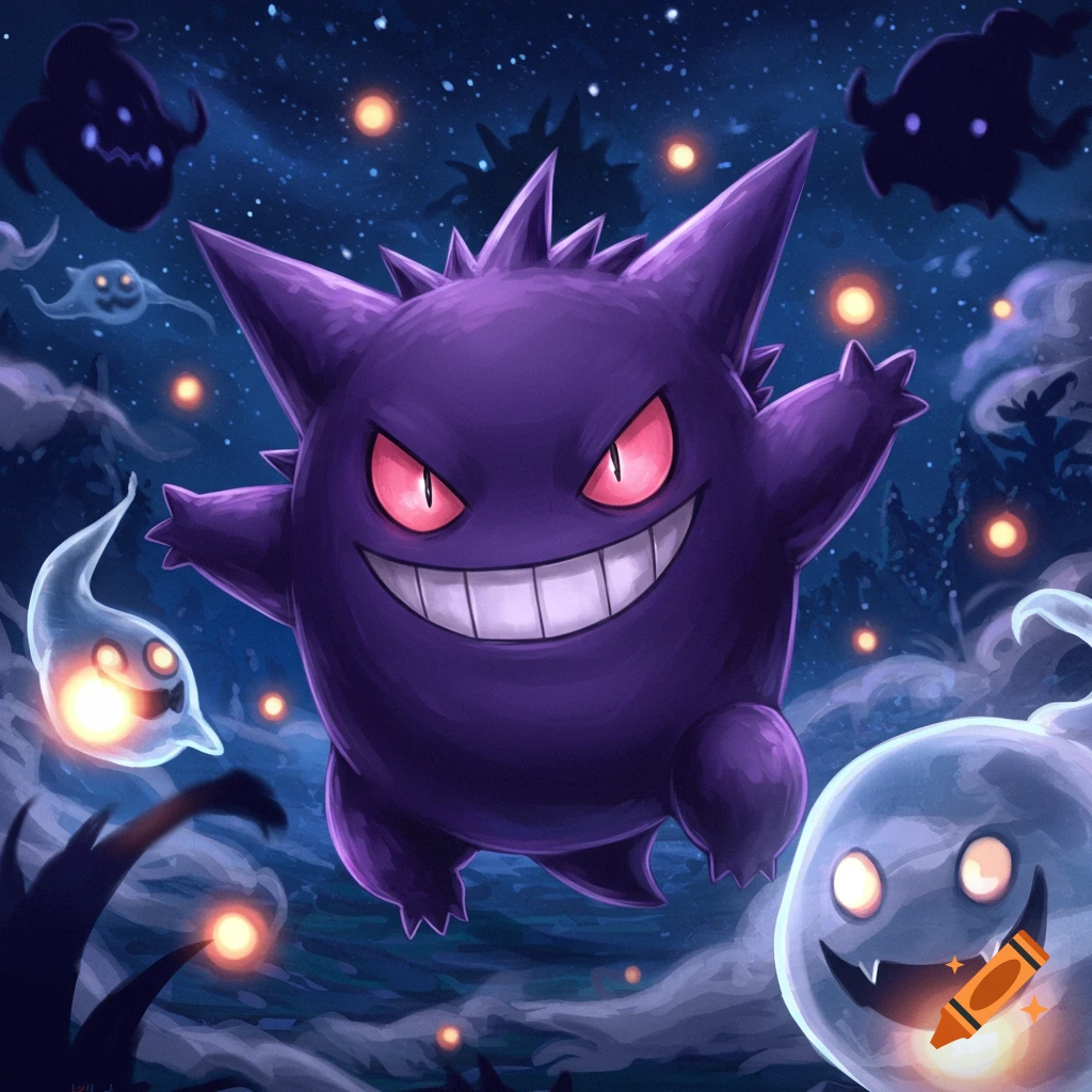 A purple Gengar with red eyes and a wide grin floats in a dark, starry night sky surrounded by glowing ghost Pokémon.