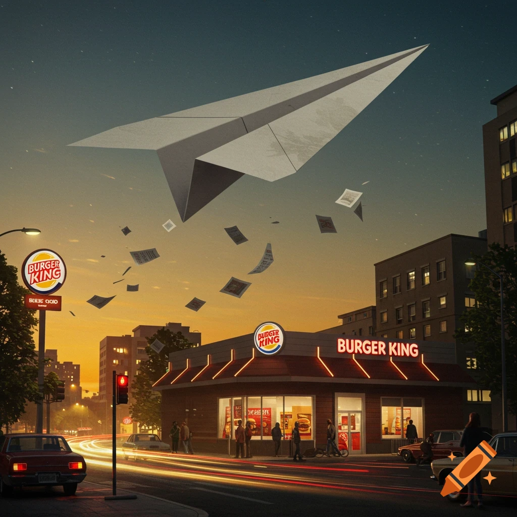 A giant paper airplane flies over a Burger King restaurant and a city street at dusk, with papers falling from it and car light trails.