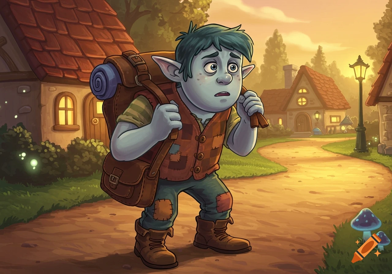 A blue-skinned, elf-like cartoon character with a backpack walks on a dirt path through a village at sunset.