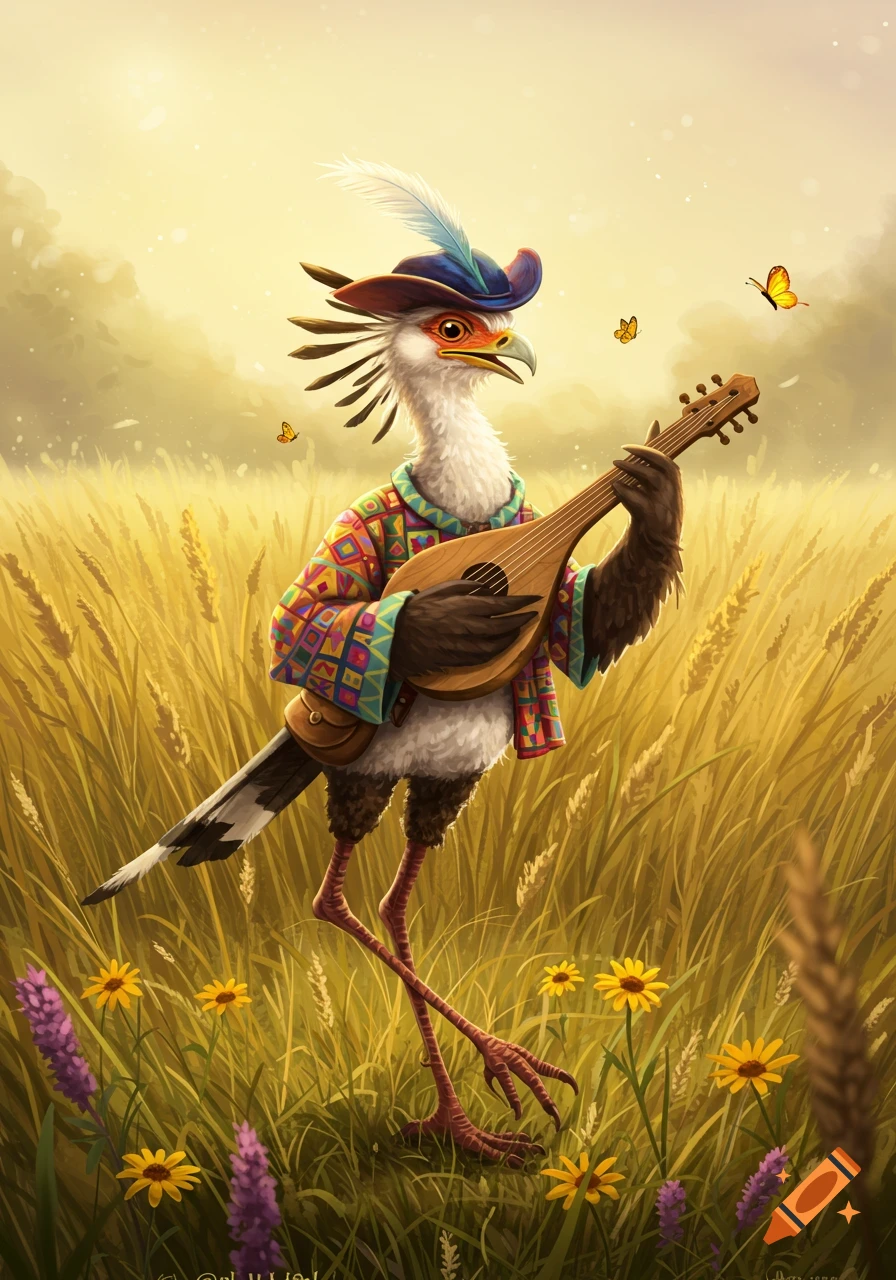 A secretarybird in a colorful coat and hat plays a lute in a golden wheat field with butterflies. Illustrative style.
