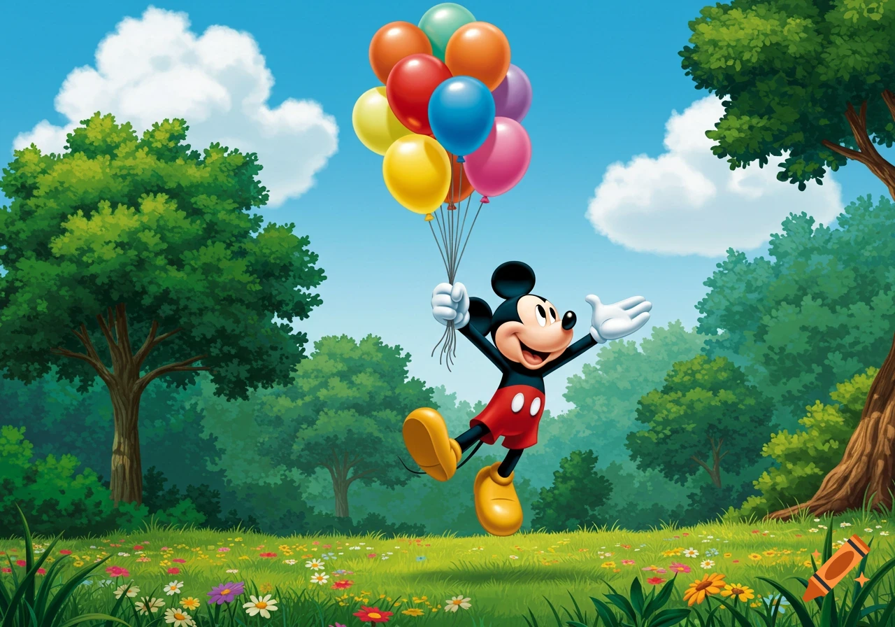Mickey Mouse, wearing red shorts and yellow shoes, floats above a field of flowers while holding colorful balloons in a cartoon forest.