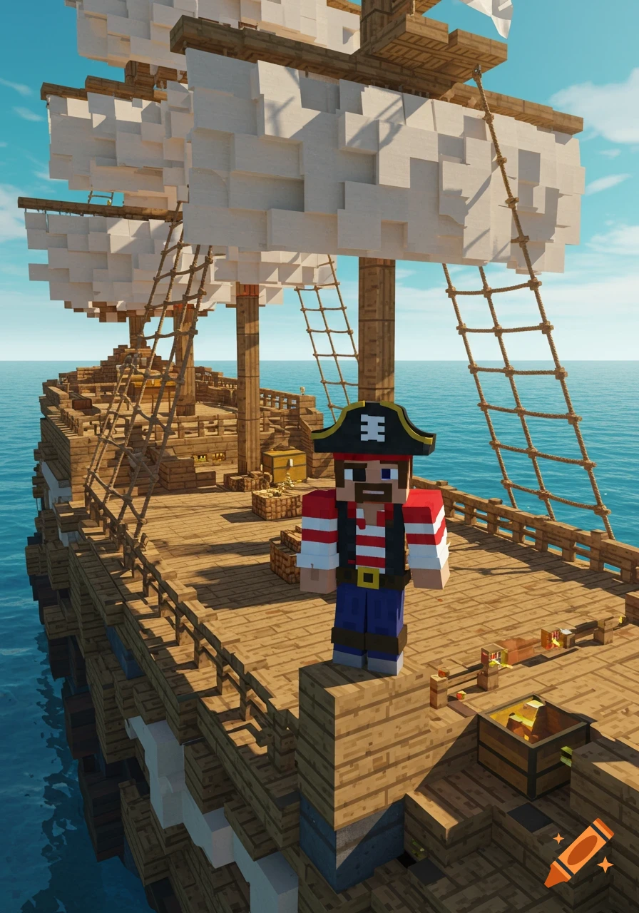 A blocky Minecraft pirate stands on the wooden deck of a large pirate ship, under a blue sky.