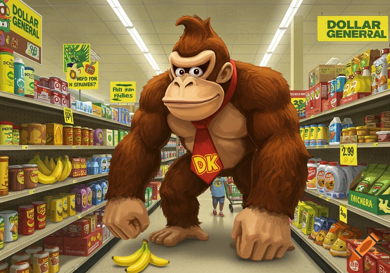 Donkey Kong stands large in the aisle of a Dollar General store, with bananas at his feet, in an illustrative style.