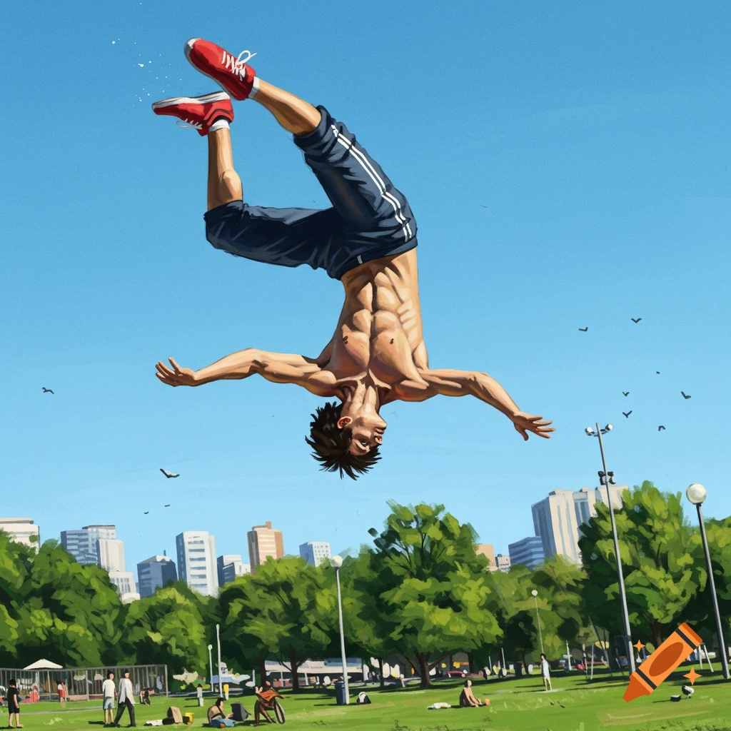 A muscular man in mid-air performing a backflip over a green park with a city skyline.