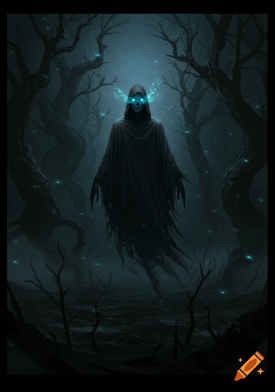 A floating skeletal figure in a dark hooded robe with glowing blue eyes in an eerie, twisted forest at night.