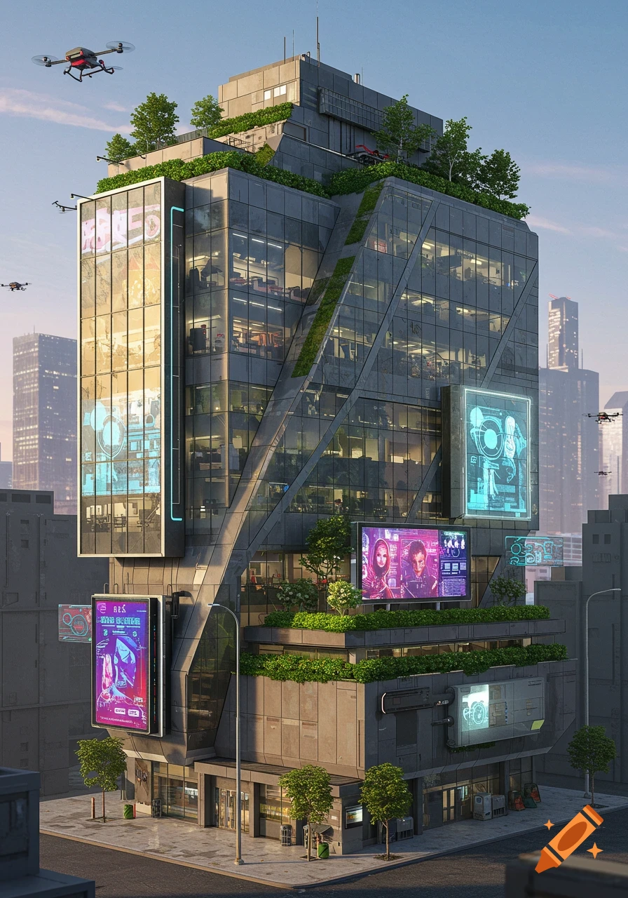 A futuristic, angular skyscraper with glass facades and rooftop gardens, featuring multiple digital billboards displaying abstract designs and unreadable text, with drones flying in the sky.