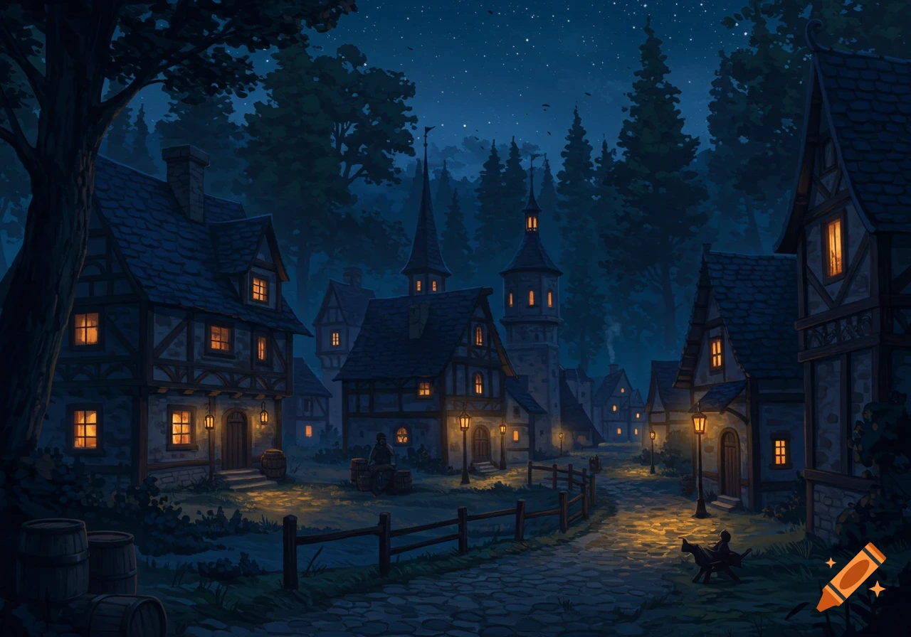 Night scene of a medieval town with glowing windows and street lamps, surrounded by a dark forest under a starry sky.
