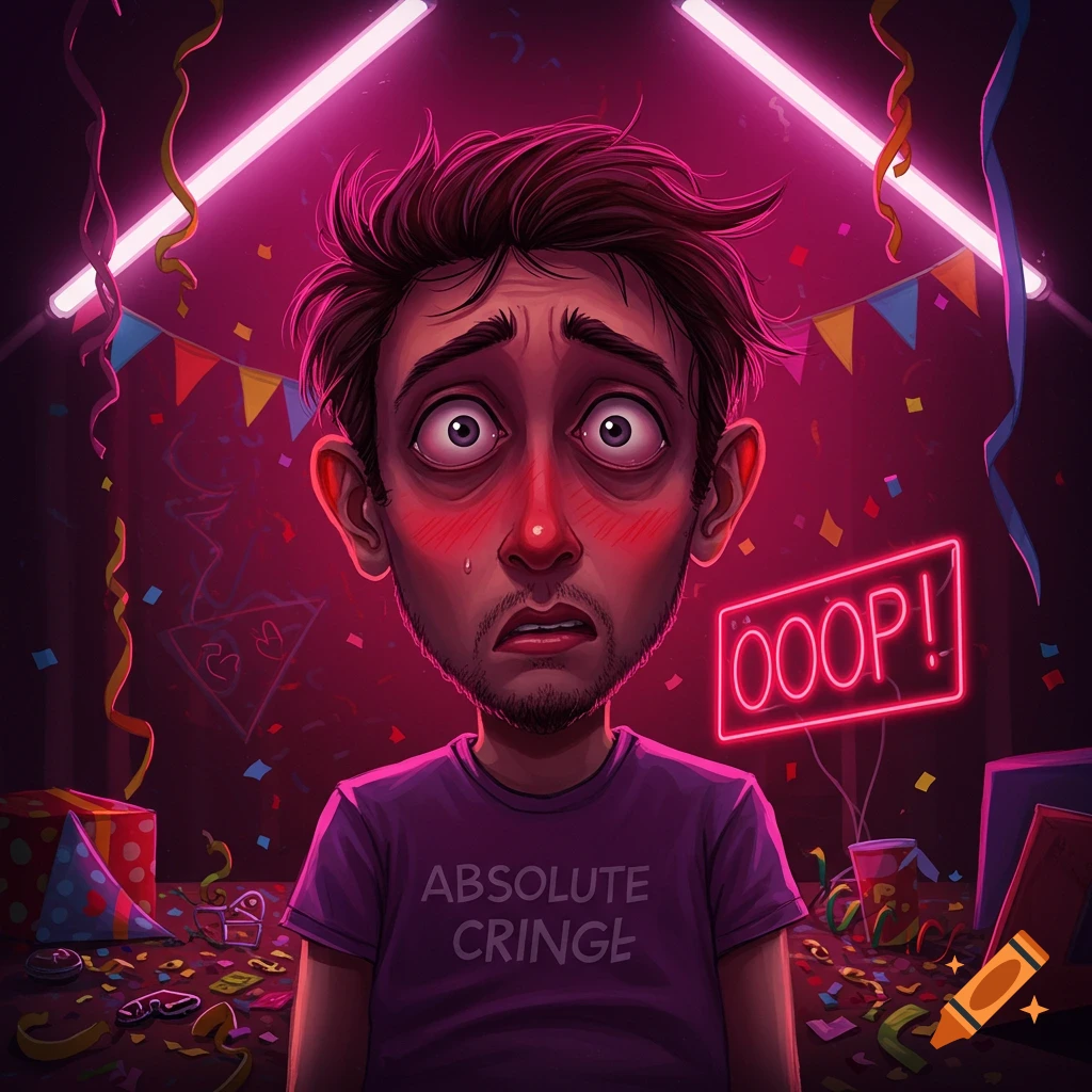 A wide-eyed cartoon man with red cheeks looks embarrassed at a messy party, wearing a shirt that says 'Absolute Cringe'.