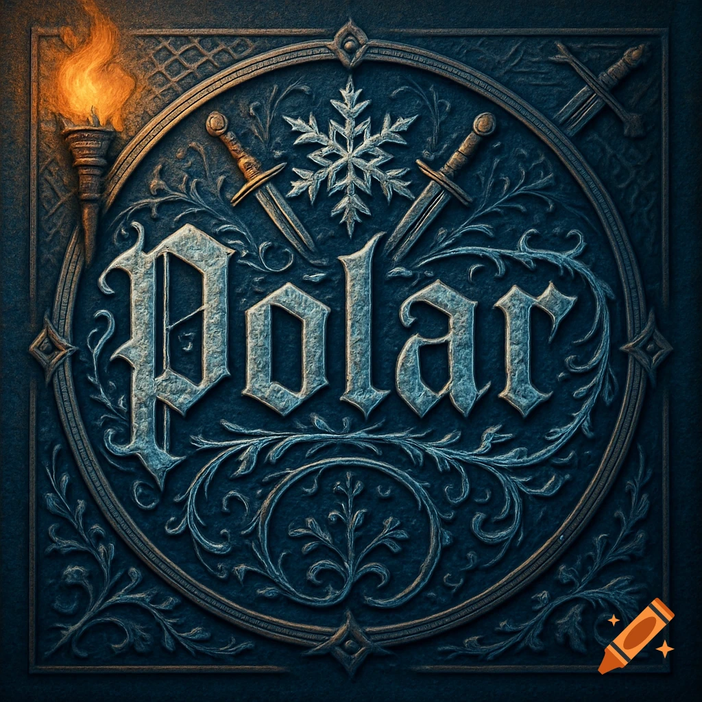 A medieval-style circular emblem with the word 'Polar' in ornate script, flanked by swords, a snowflake, and a torch, on a dark blue filigree background.