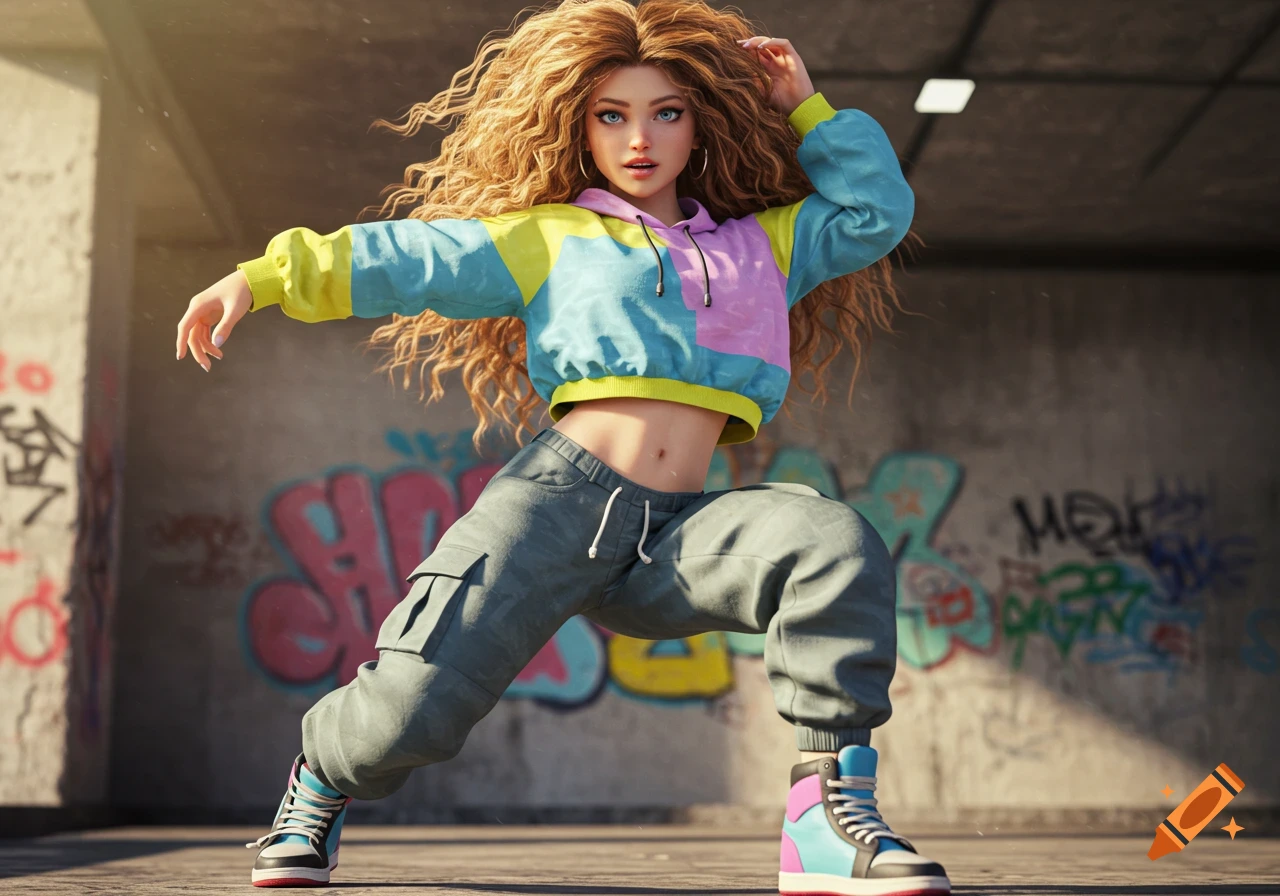 A stylized hip-hop dancer with curly blonde hair in a colorful hoodie and baggy pants poses in front of a graffiti-covered wall.