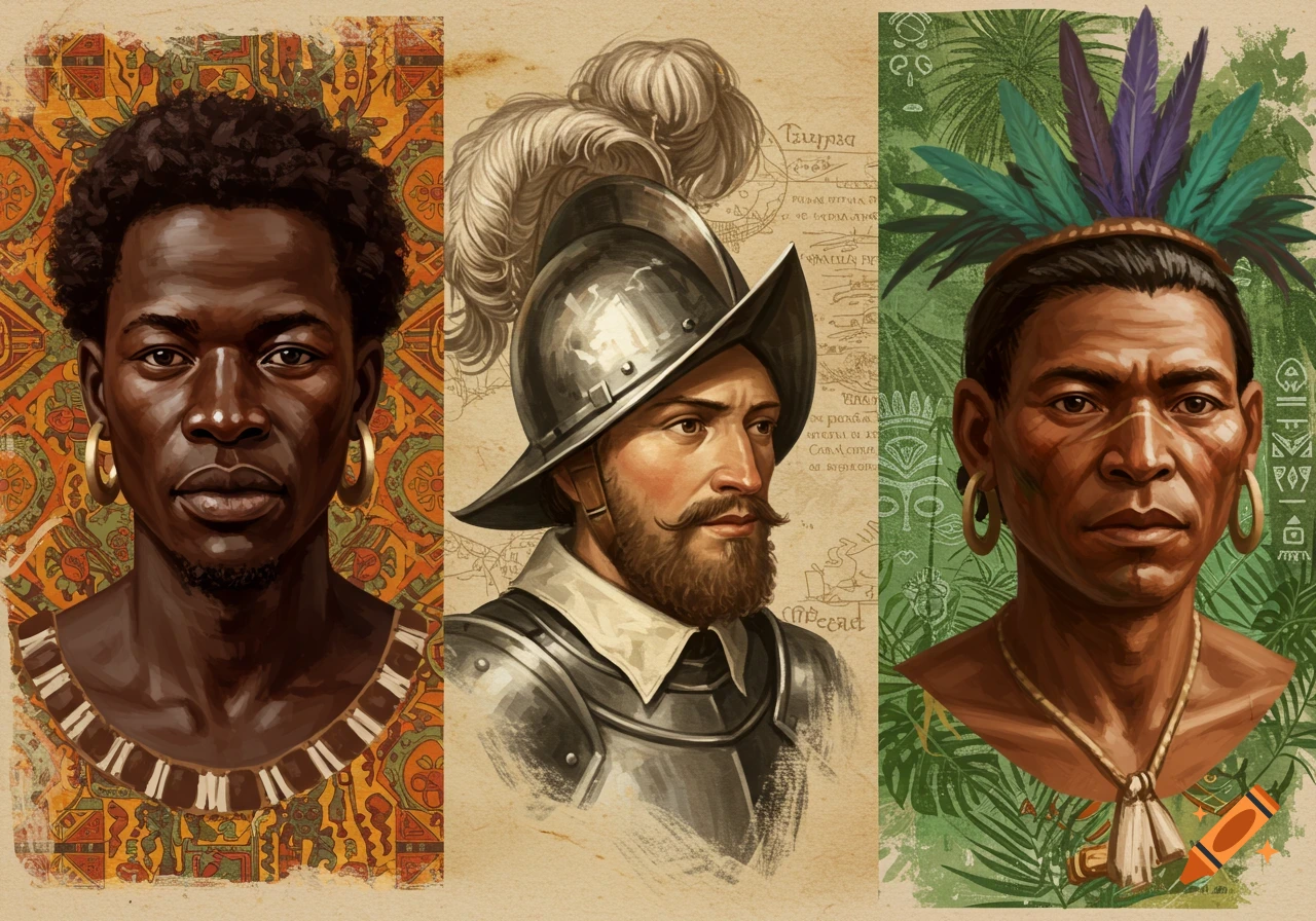 Three distinct portraits side-by-side: an African man, a Spanish conquistador, and an Indigenous Taino man, in a painterly style.
