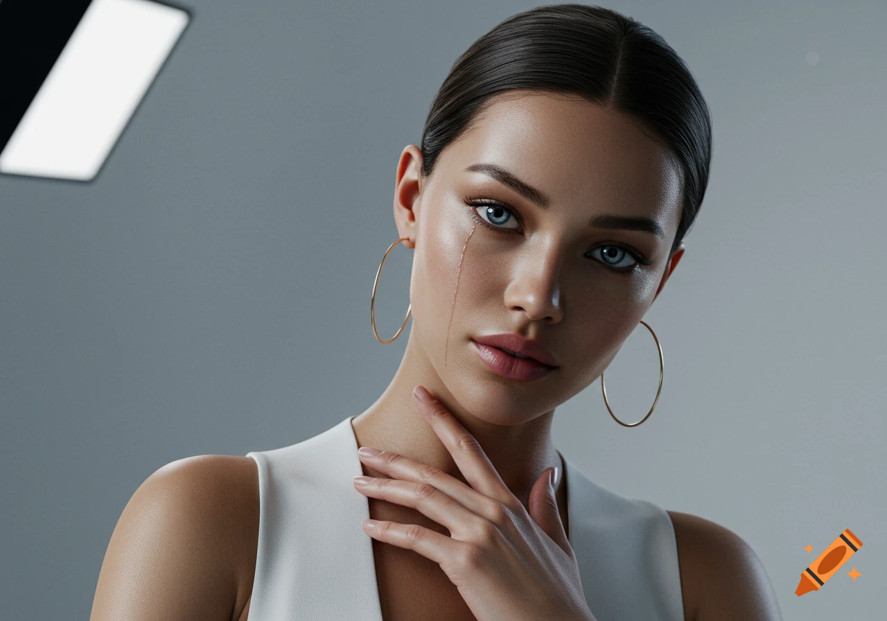 Photorealistic portrait of a woman with a metallic tear and hoop earrings against a grey background.