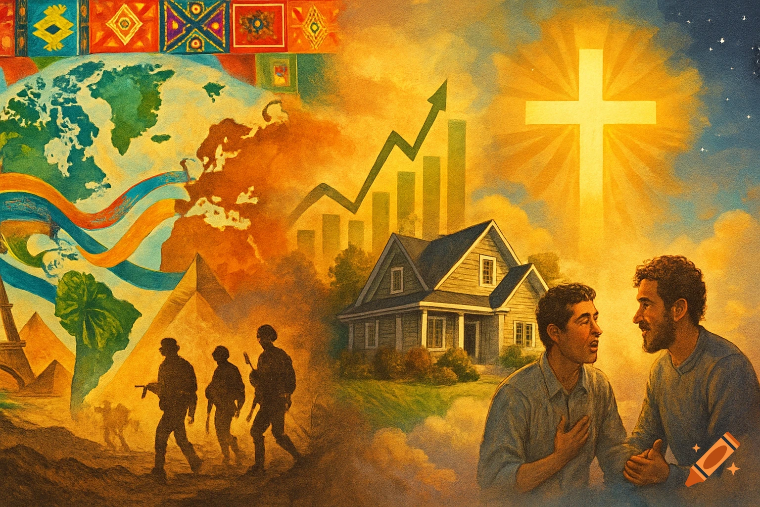 A symbolic painting collage of a life journey, featuring a world map, soldiers, a house, and two men talking beneath a glowing cross.
