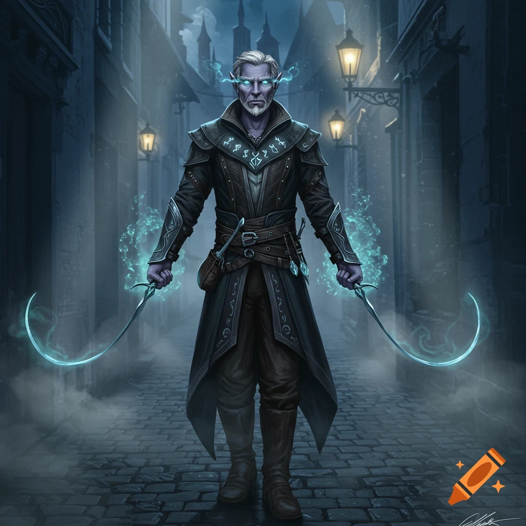 A gray-haired, pale-skinned fantasy male with glowing blue eyes in dark armor, holding two curved daggers and surrounded by blue magic in a dark cobblestone alley.