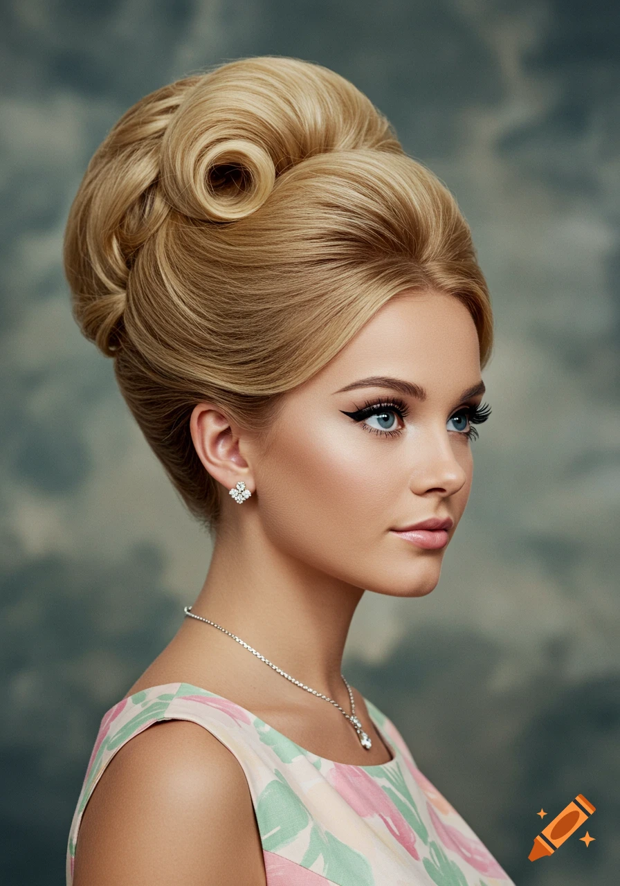 A photorealistic portrait of a young woman with a blonde 1960s bouffant hairstyle, wearing a floral dress, earrings, and a necklace.