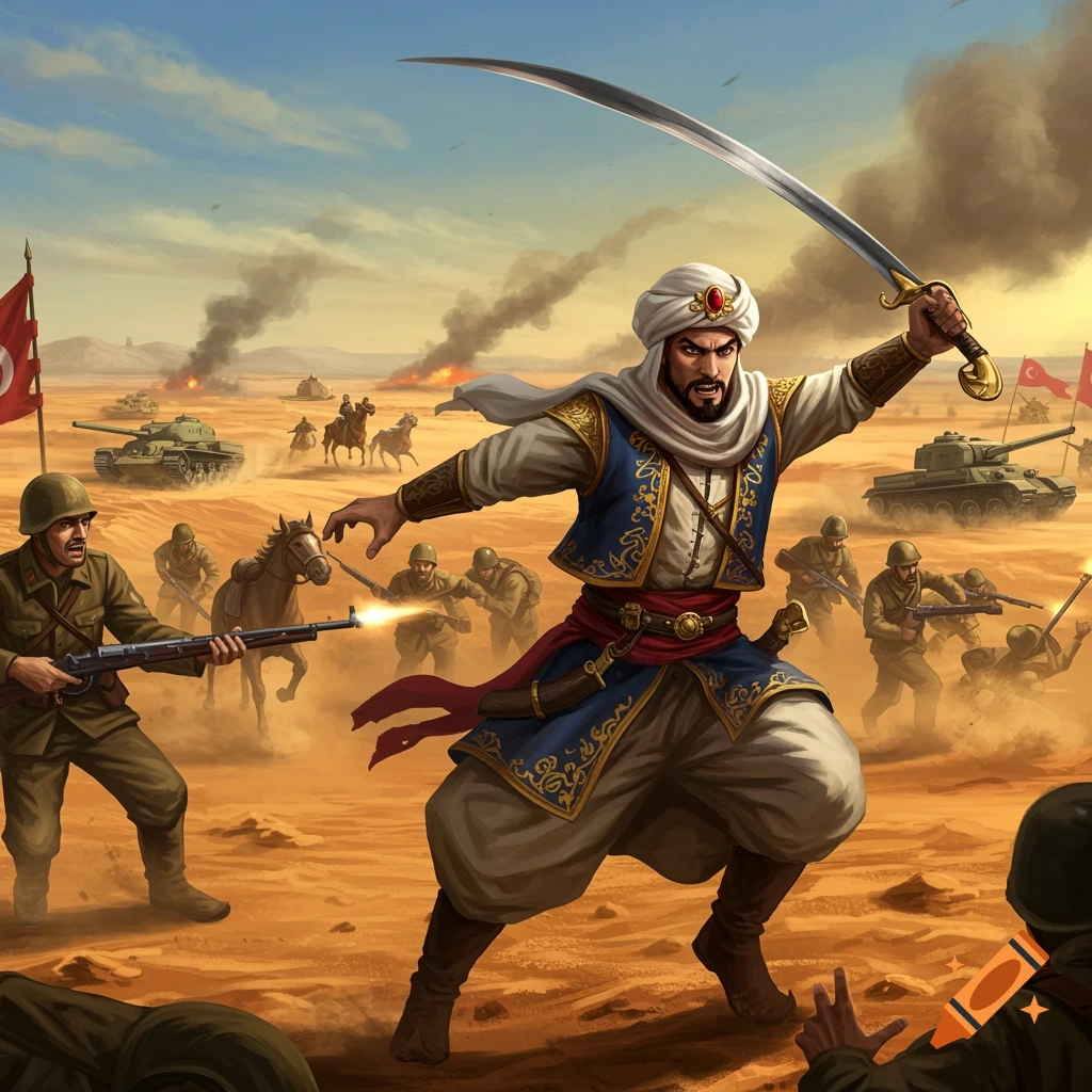 A stylized illustration of a desert battle. An Arab warrior in a turban with a scimitar leads soldiers against tank-supported troops.