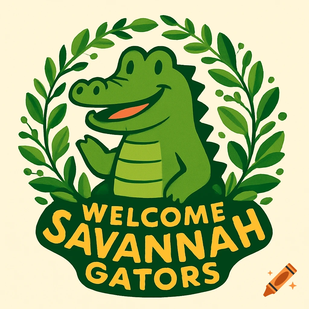 A cartoon green alligator smiling and waving, surrounded by a wreath of green leaves. Below it, a dark green shape contains the yellow text 'WELCOME SAVANNAH GATORS'.