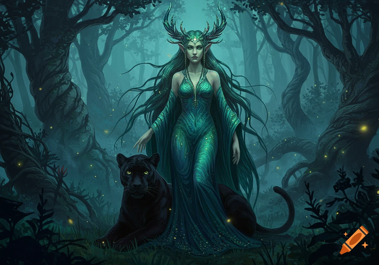 A green-haired fantasy goddess with antlers stands with a black panther in a mystical, dark forest with glowing lights.