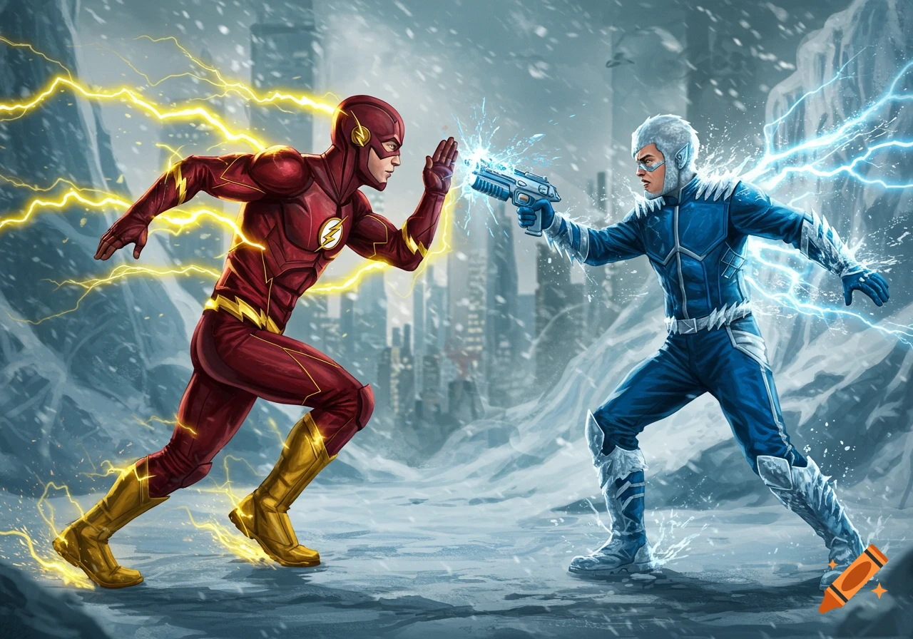 The Flash with yellow lightning confronts Captain Cold firing ice in a snowy cityscape.