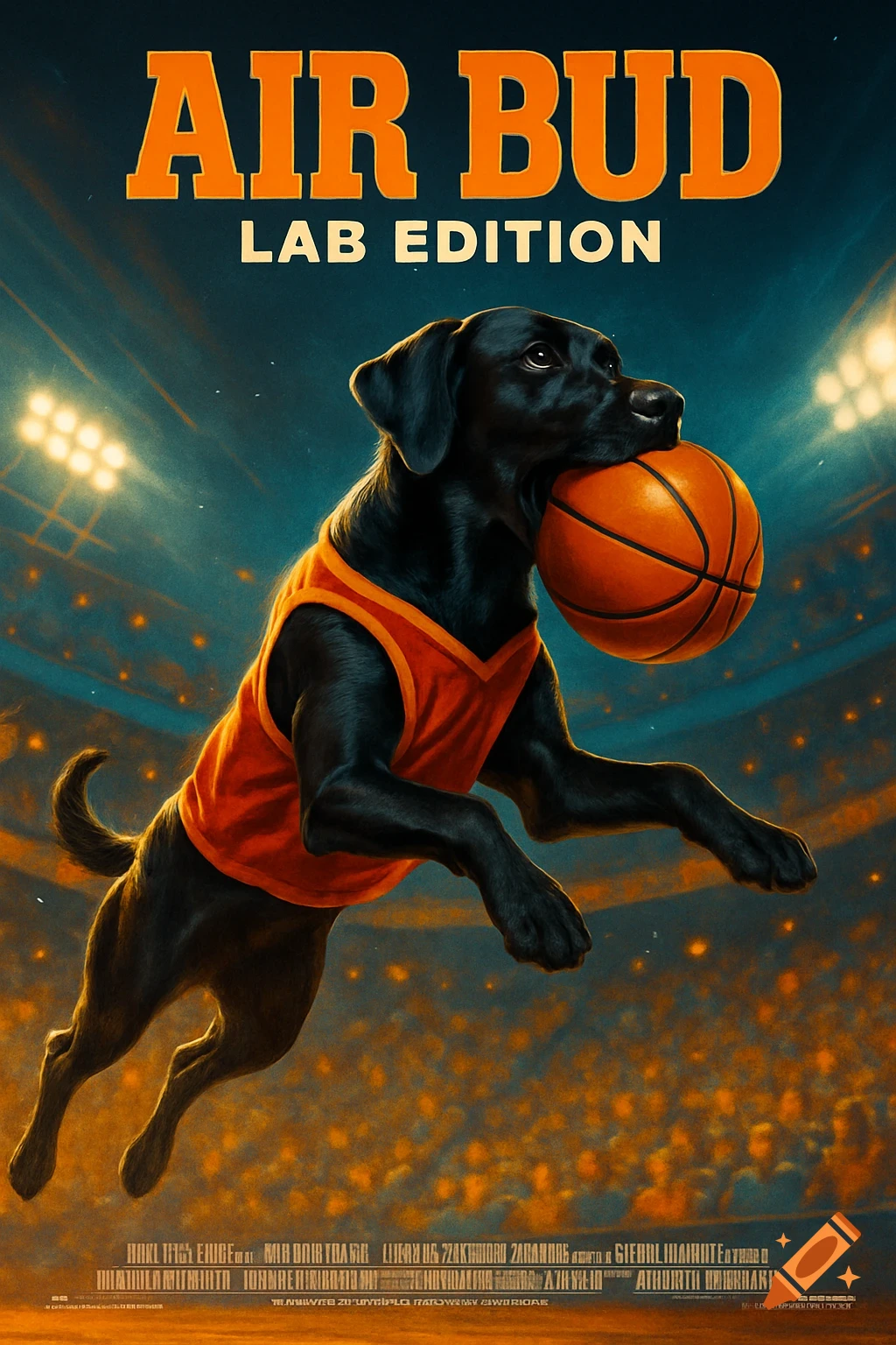 A black Labrador in an orange jersey jumps on a basketball court, holding a basketball. The poster reads 'AIR BUD LAB EDITION'.