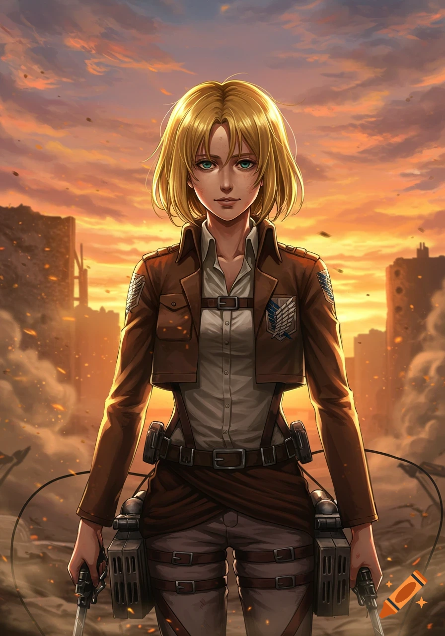 An anime illustration of Historia Reiss from Attack on Titan, a blonde woman in a Scout Regiment uniform, holding swords against a fiery, ruined city sunset.