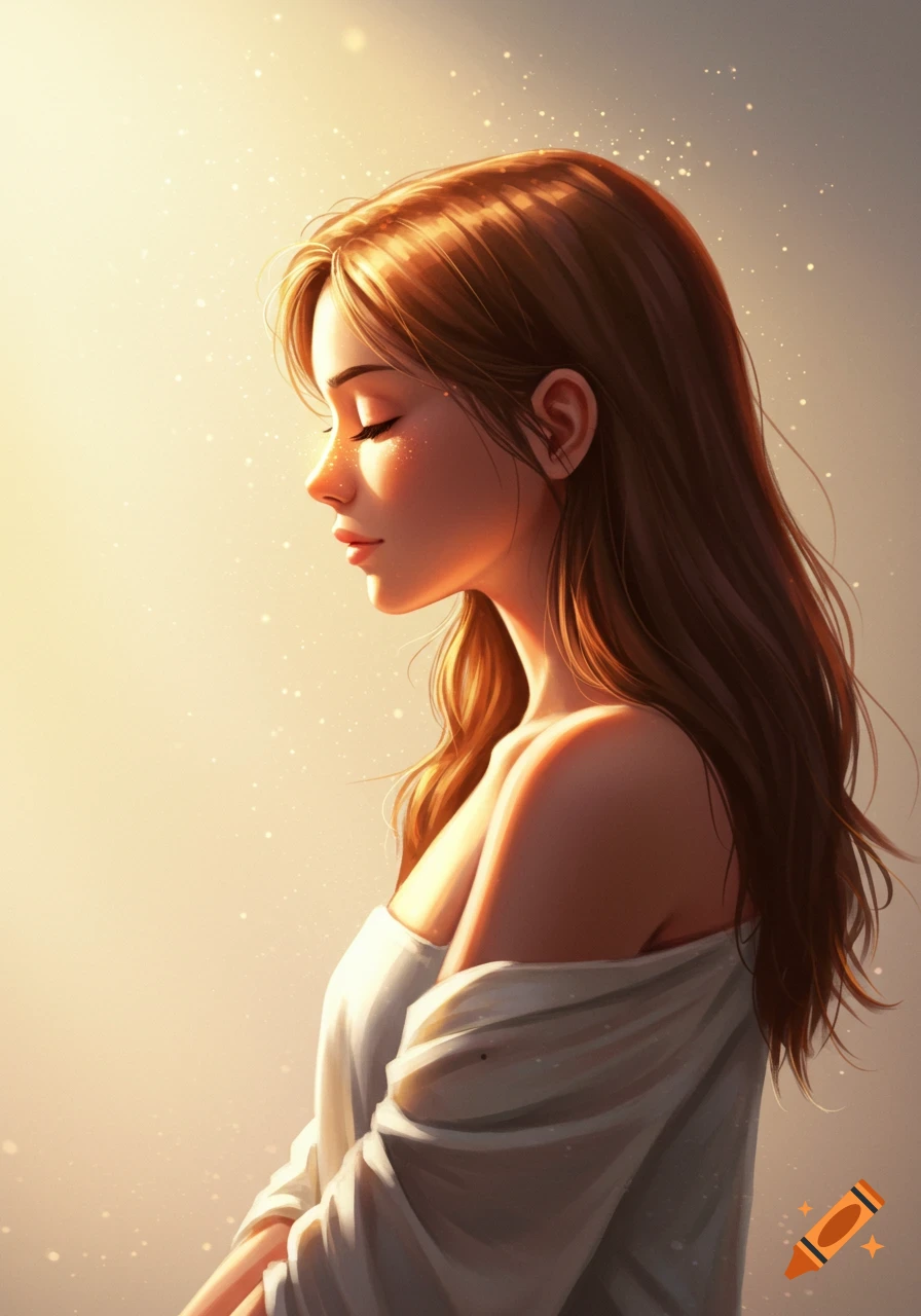 A side profile digital art portrait of a woman with closed eyes and long brown hair, bathed in warm, glowing light.