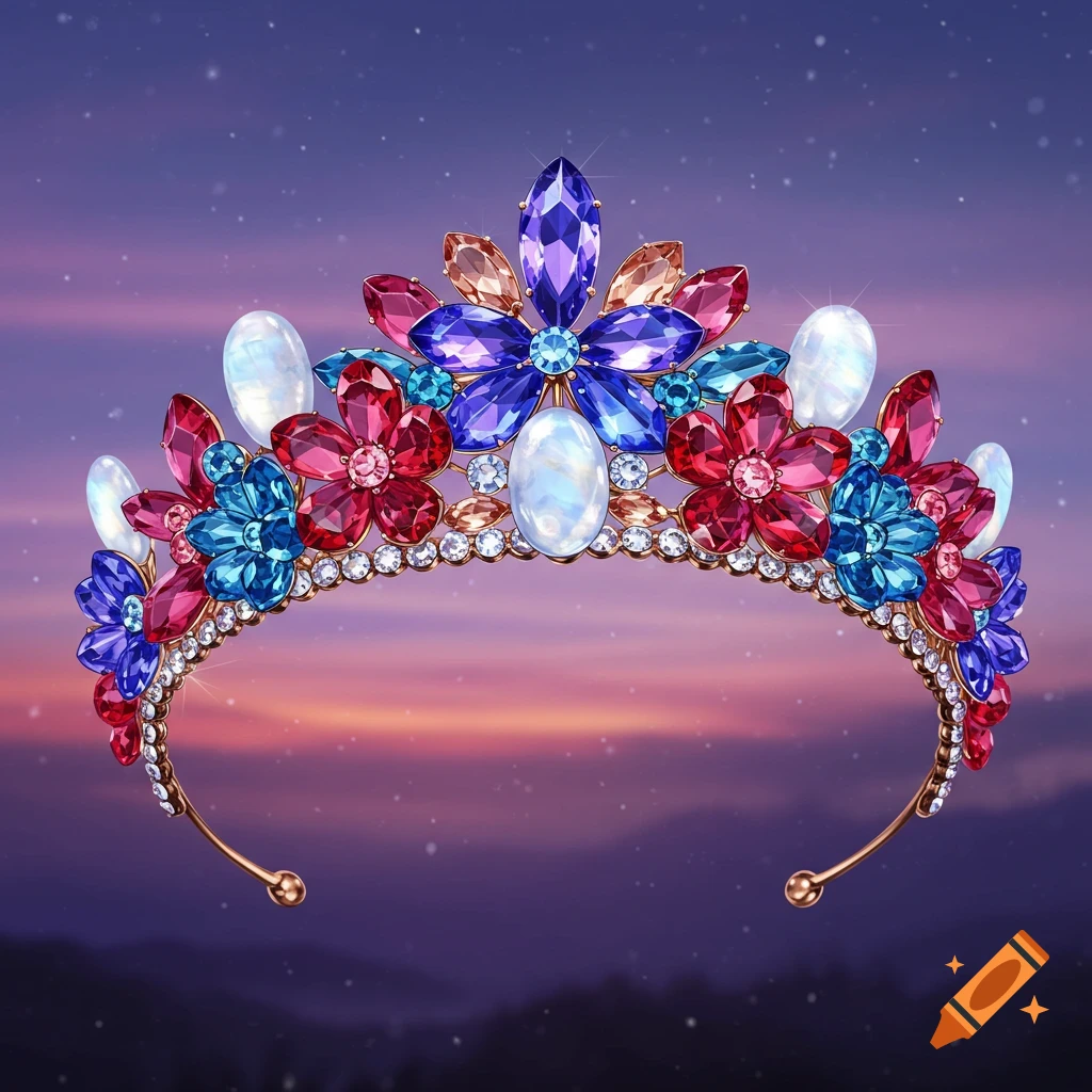 A vibrant crown adorned with sparkling blue, red, purple crystals, and luminous white moonstones on a golden band, set against a twilight sky.