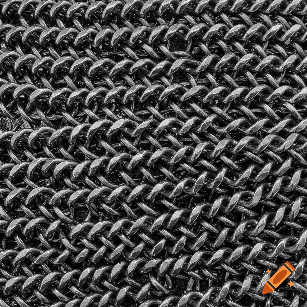 Close-up of interlocking metal rings forming a textured surface in shades of grey and black.