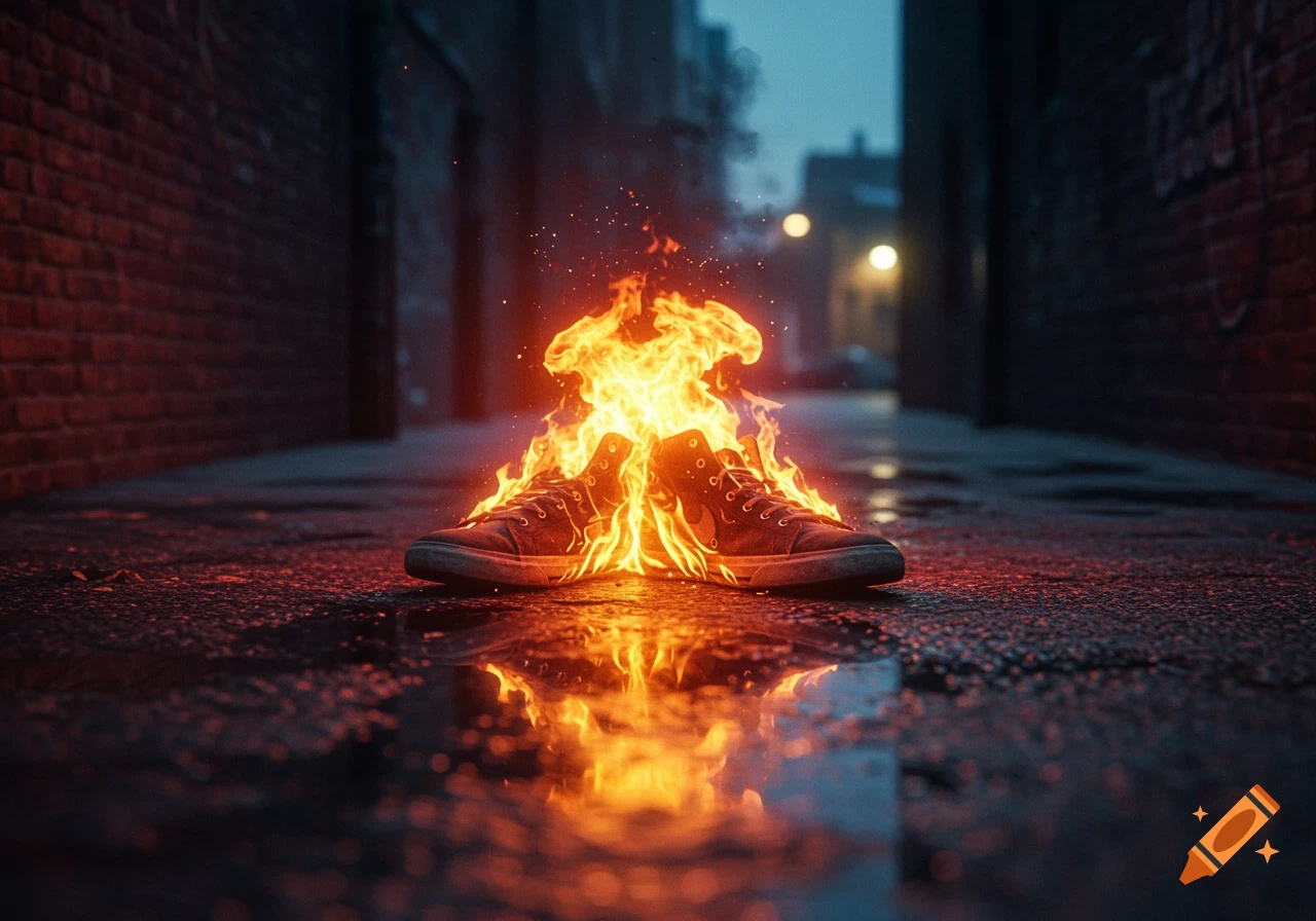 A pair of sneakers engulfed in bright flames on a wet urban alley floor, reflecting in puddles.