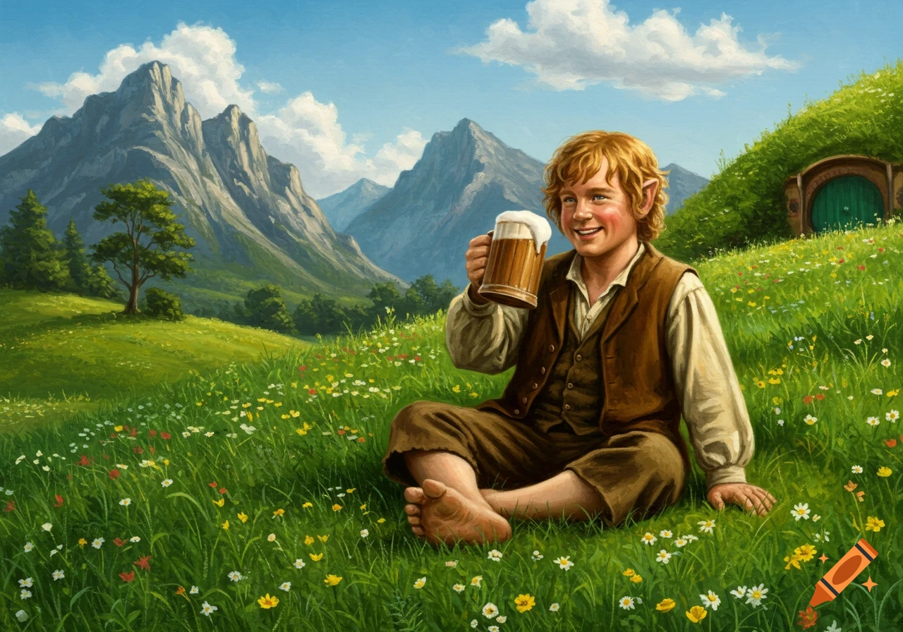A smiling hobbit, Samwise Gamgee, sits in a green meadow with wildflowers, holding a mug of beer. Mountains and a hobbit hole are in the background.