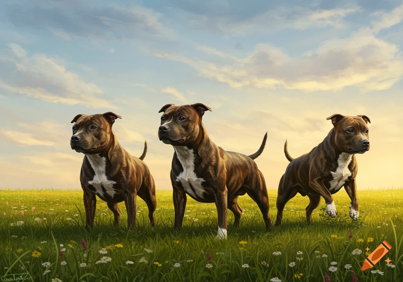 Three Staffordshire bull terriers stand in a sunny, green field with wildflowers under a blue sky.