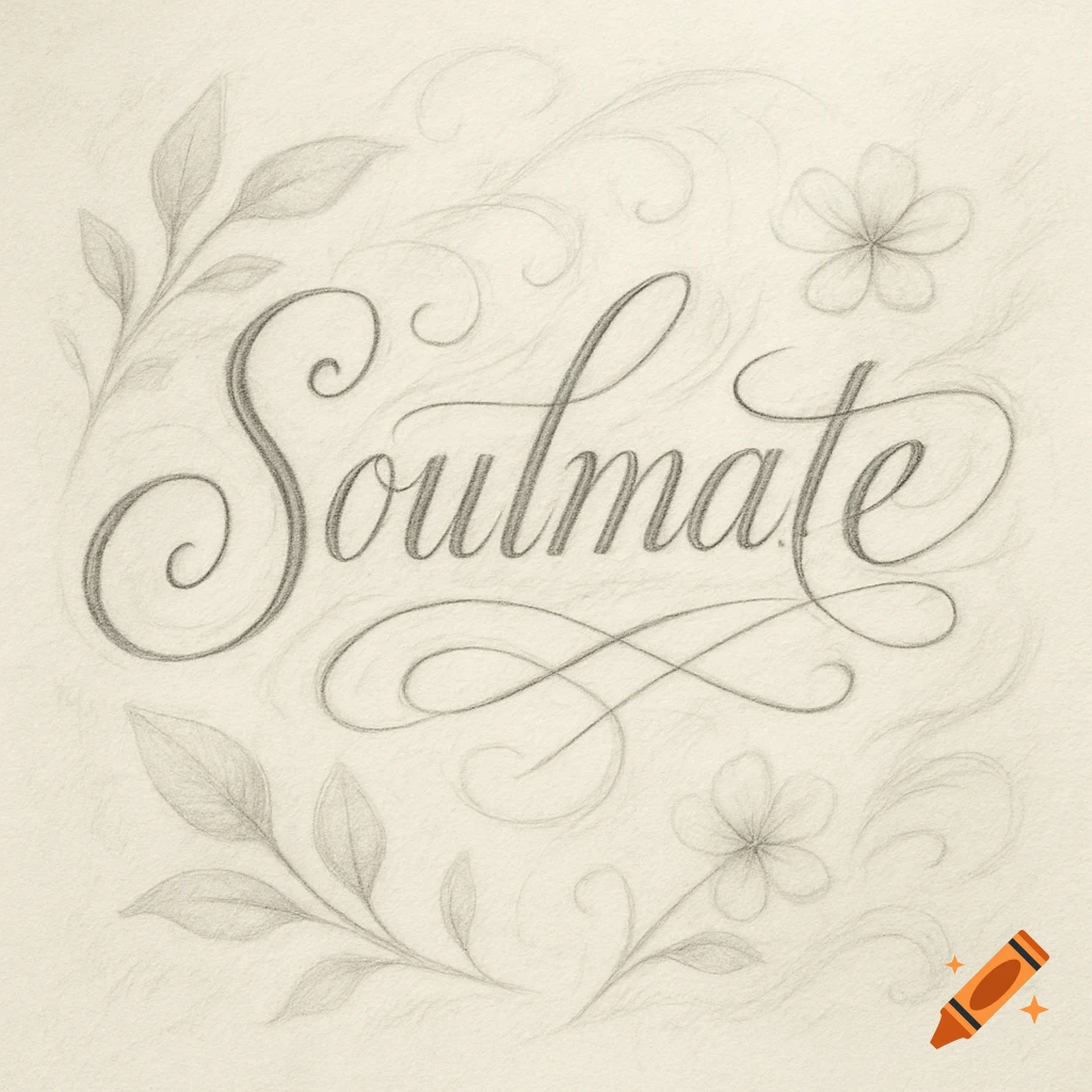 Pencil sketch of the word 'Soulmate' in elegant cursive script, surrounded by delicate leaves and floral elements.