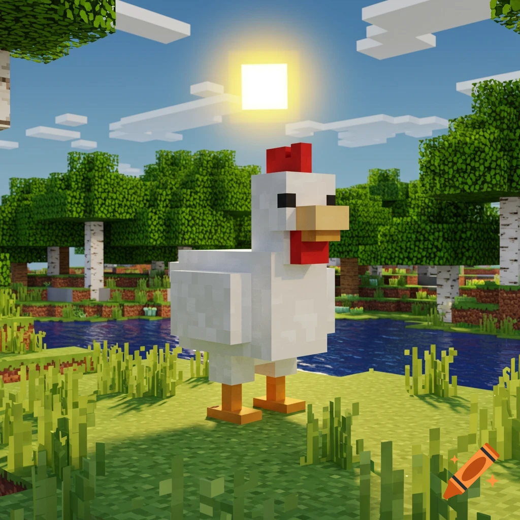 A blocky white chicken stands in a grassy, blocky landscape with trees and a river, resembling Minecraft.