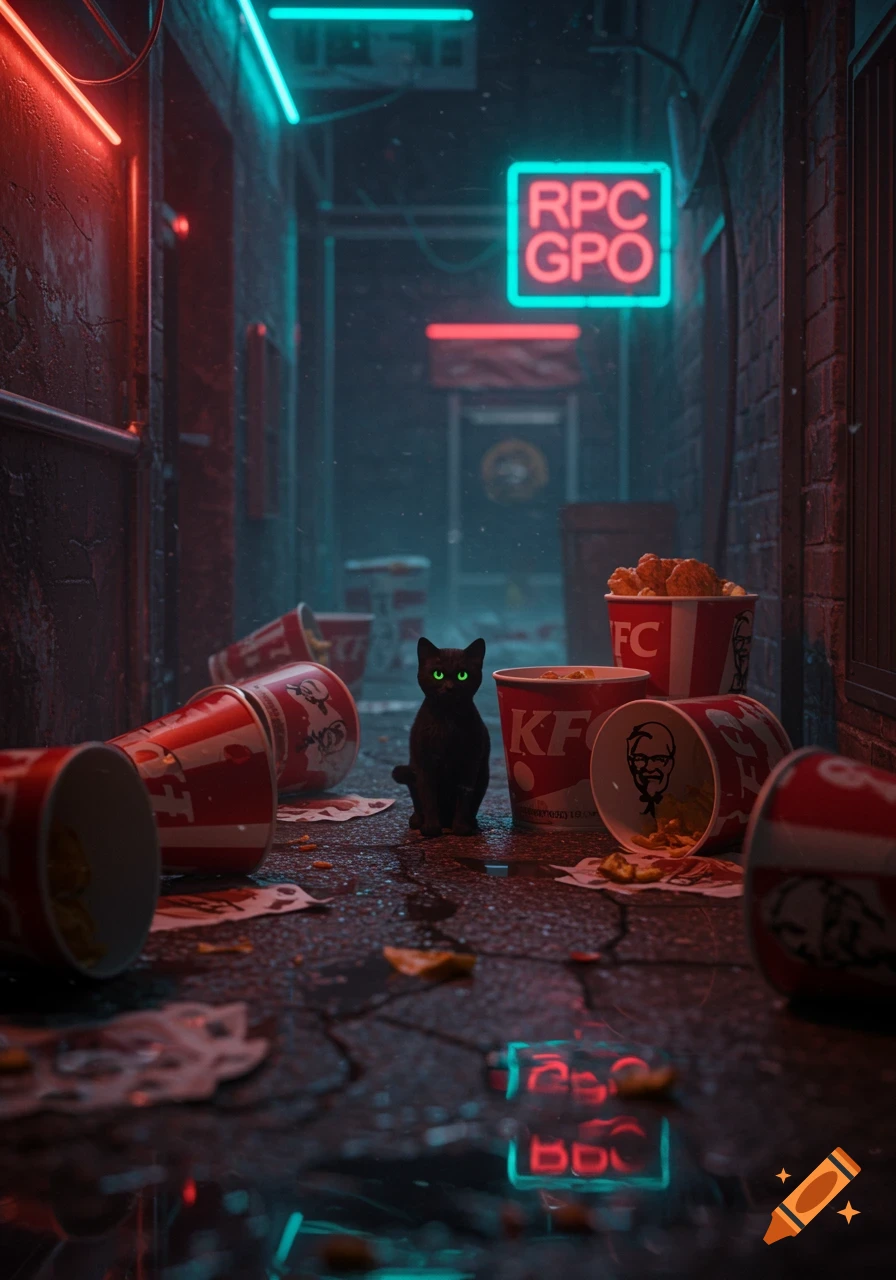 A small black cat with glowing green eyes sits amidst scattered KFC buckets in a wet, neon-lit cyberpunk alleyway.