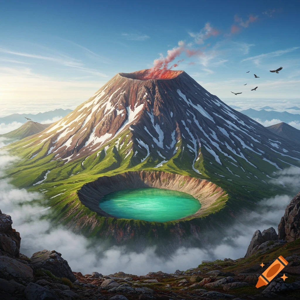 A vibrant aerial view of a volcanic mountain with a turquoise crater lake and smoke rising from its peak, surrounded by clouds.