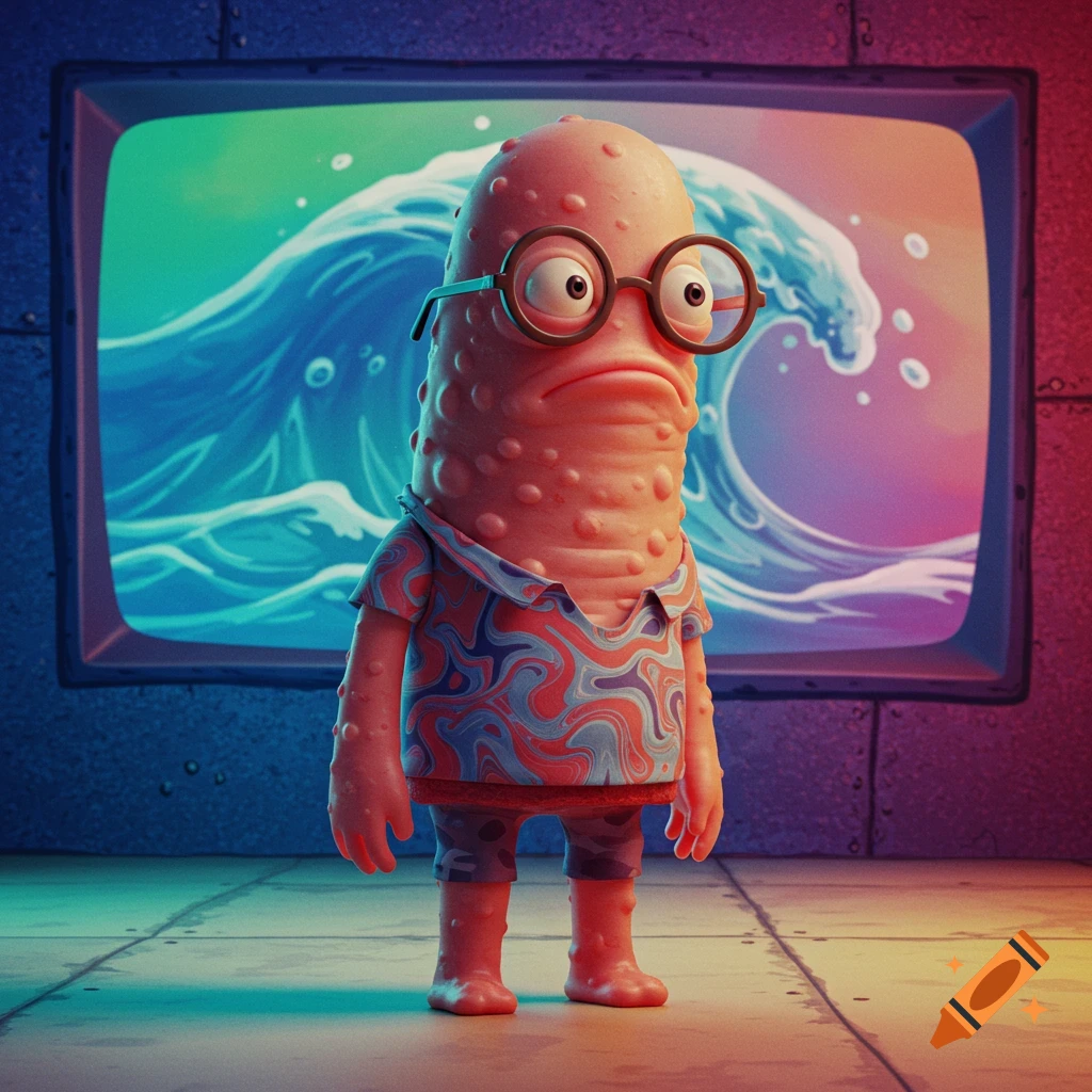 A sad, pink, textured cartoon character with glasses and a patterned shirt stands before a TV displaying a large blue wave.