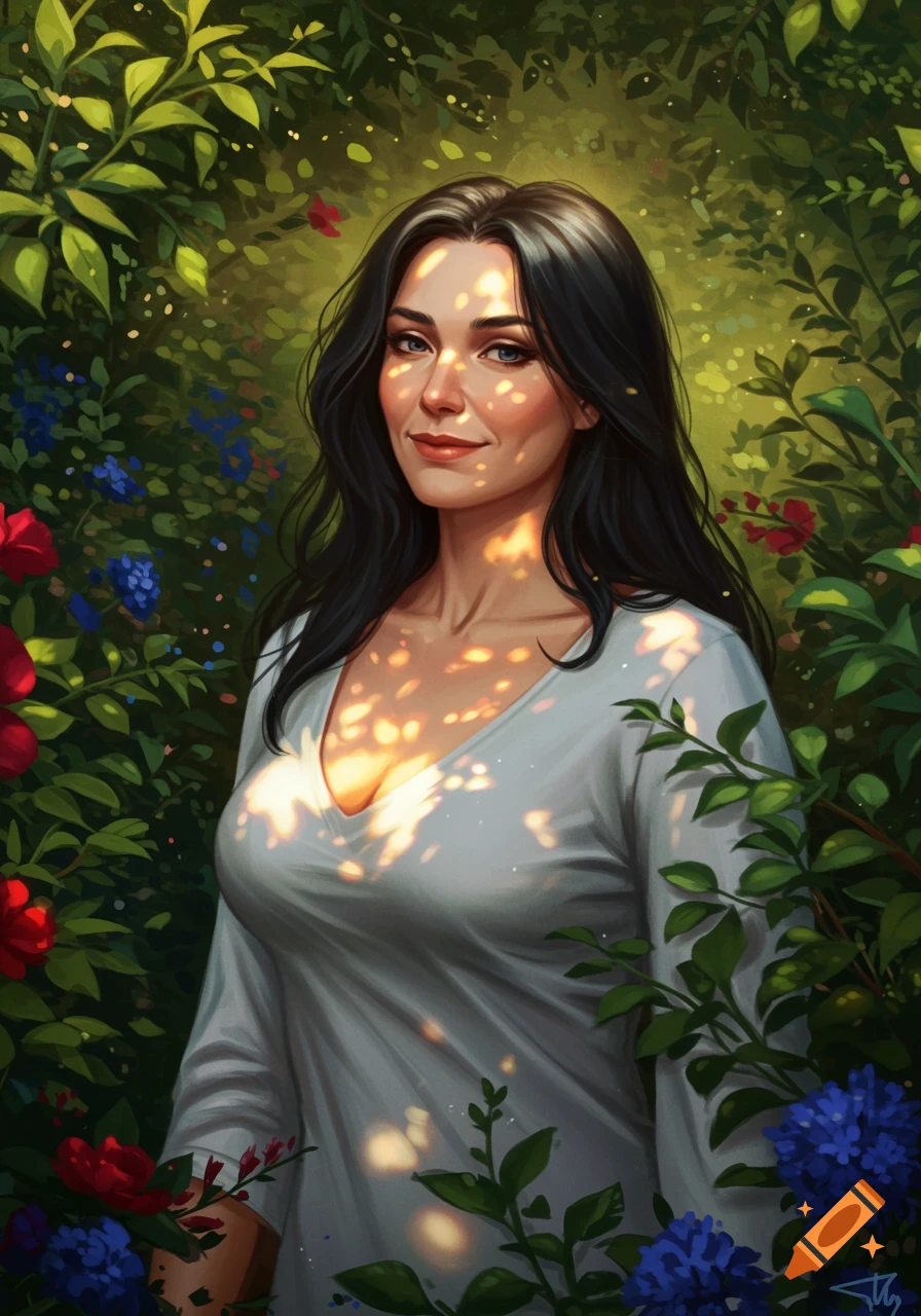 Digital painting of a woman with dark hair and blue eyes, smiling amidst lush green foliage with dappled sunlight.