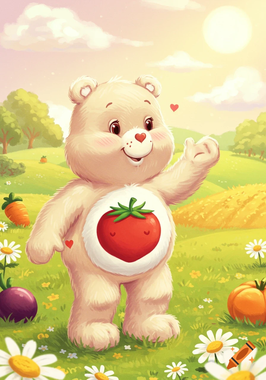 A cream-colored cartoon bear resembling a Care Bear with a strawberry on its belly stands in a sunny field with vegetables and flowers.