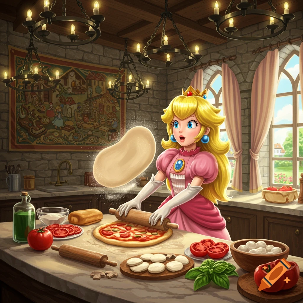 Princess Peach in a rustic kitchen, rolling out pizza dough and tossing another piece of dough in the air.