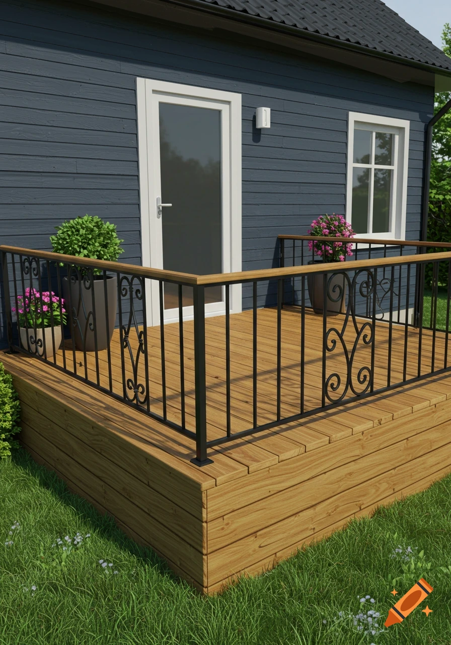 A dark grey-blue house with a wooden deck and a black wrought iron railing, surrounded by green grass and plants.