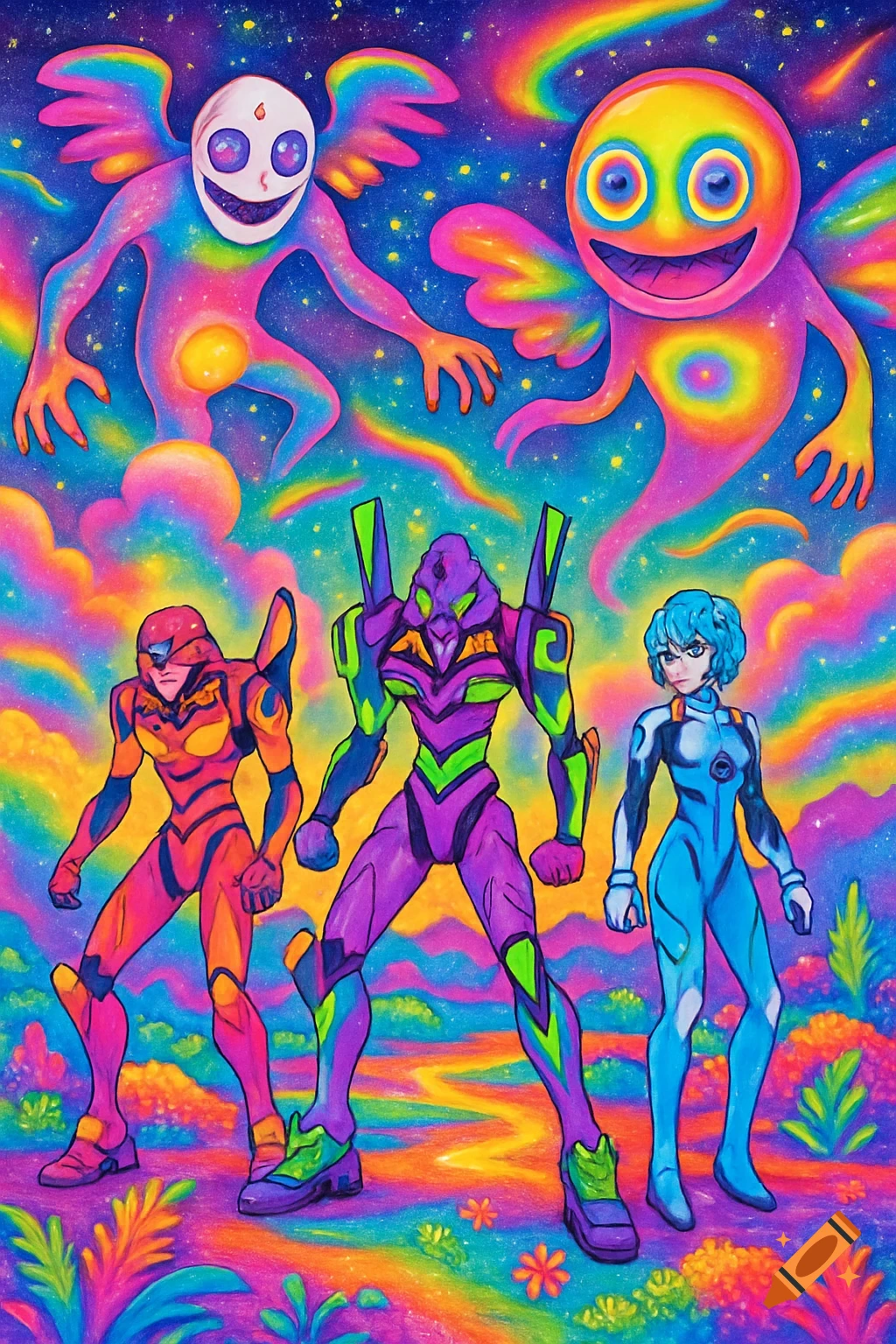 Psychedelic anime poster featuring two mechs, a human character, and two smiling rainbow creatures in a vibrant, colorful landscape.