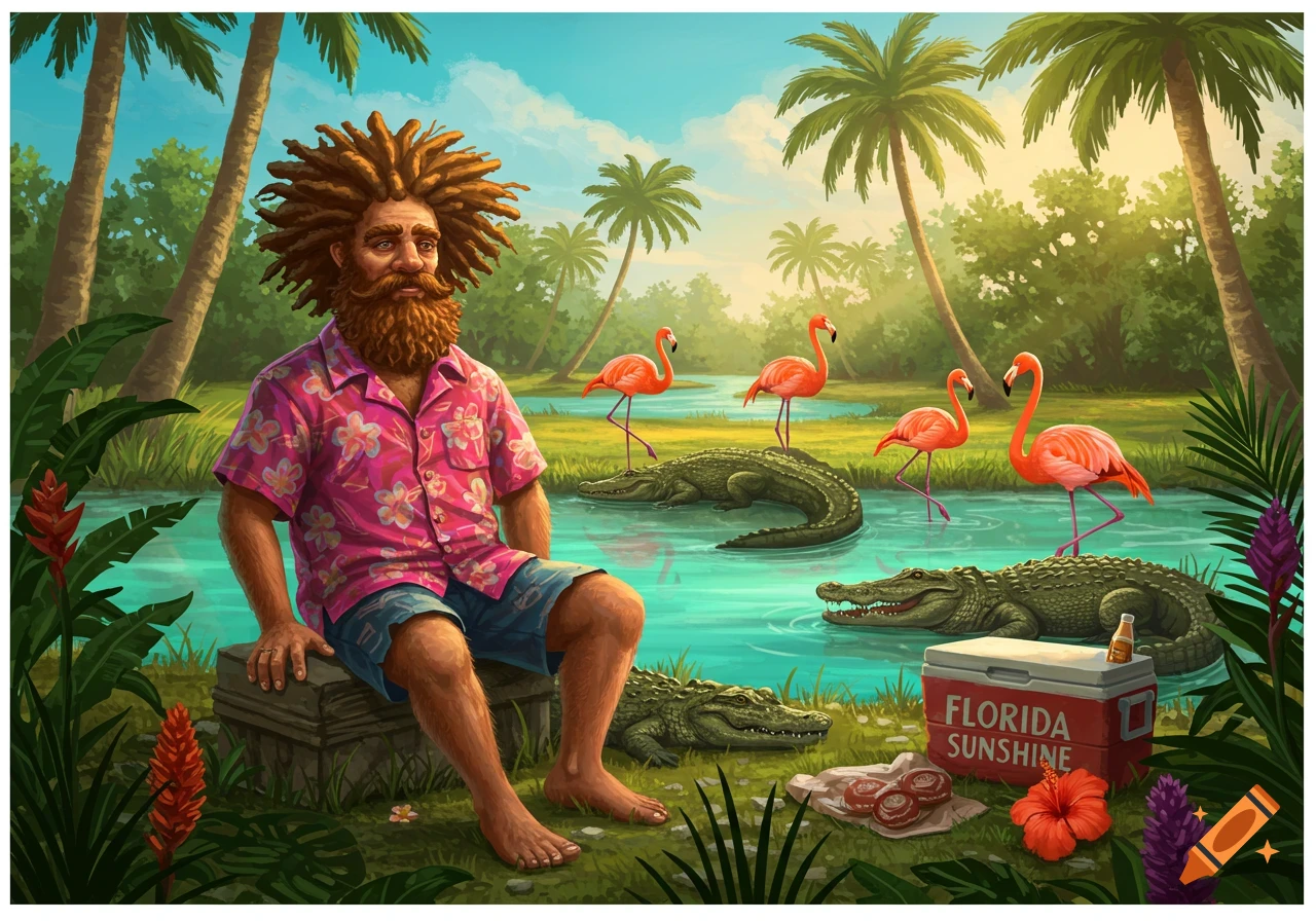 A bearded man in a pink Hawaiian shirt sits by a tropical river with alligators, flamingos, and palm trees in a vibrant illustration.