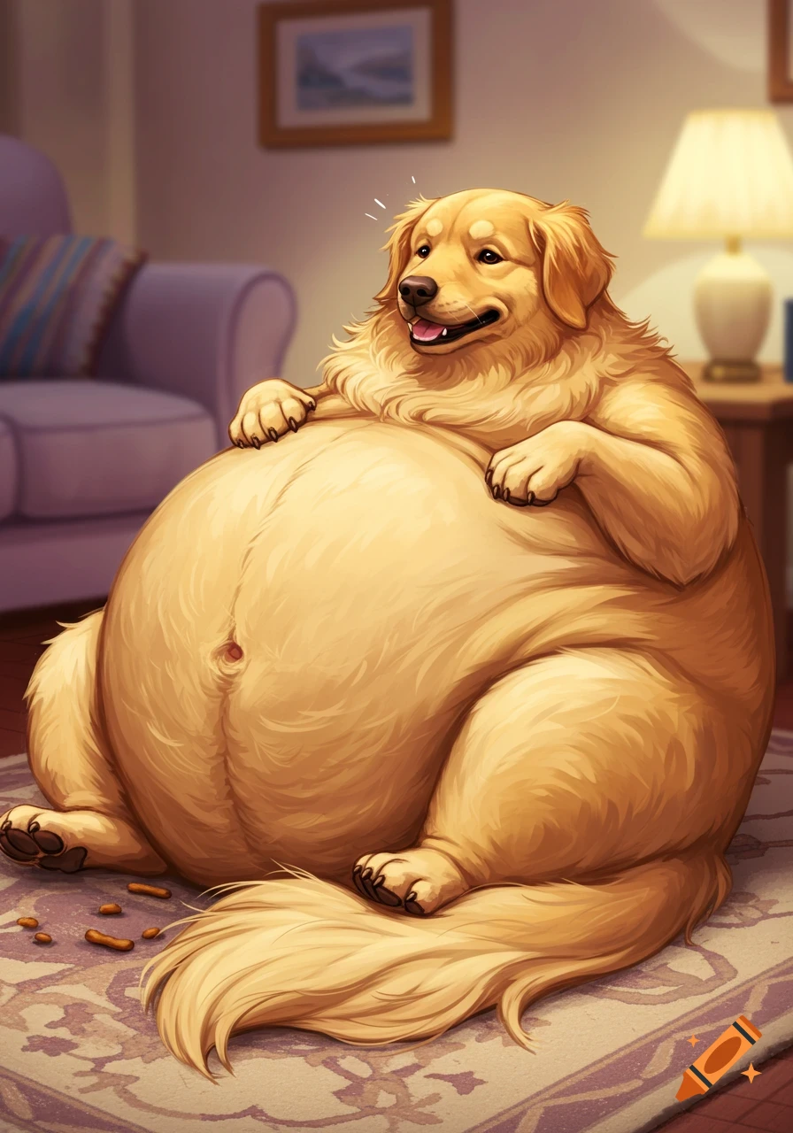 A very obese golden retriever with a huge belly lies on a rug, smiling happily in a cartoon style.