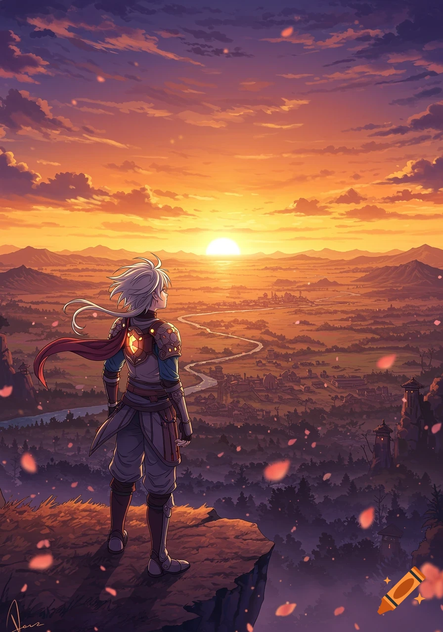An anime character with white hair and armor stands on a cliff, looking over a vast valley at sunset with orange and purple sky.